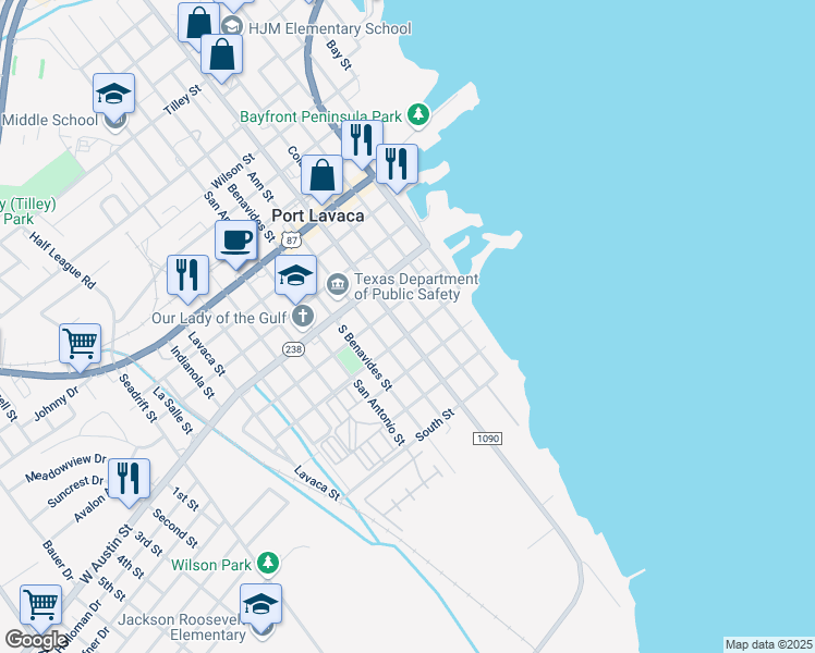 map of restaurants, bars, coffee shops, grocery stores, and more near 524 South Virginia Street in Port Lavaca