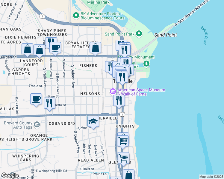map of restaurants, bars, coffee shops, grocery stores, and more near 414 South Palm Avenue in Titusville
