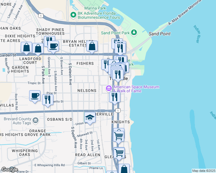 map of restaurants, bars, coffee shops, grocery stores, and more near 414 South Palm Avenue in Titusville