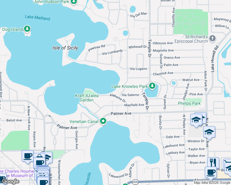 map of restaurants, bars, coffee shops, grocery stores, and more near 1411 Vía Tuscany in Winter Park