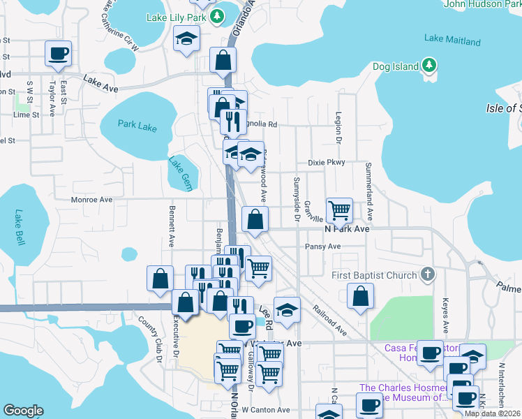 map of restaurants, bars, coffee shops, grocery stores, and more near 1346 Ridgewood Avenue in Winter Park