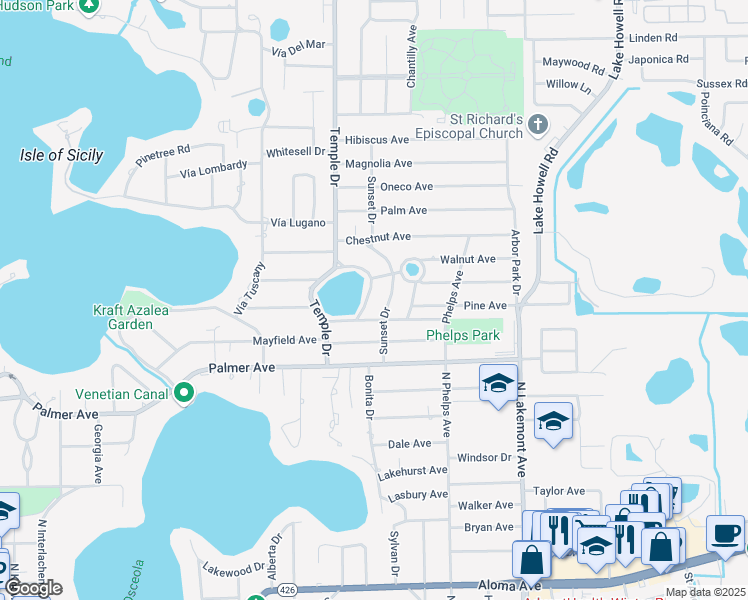 map of restaurants, bars, coffee shops, grocery stores, and more near 1350 Lake Knowles Circle in Winter Park