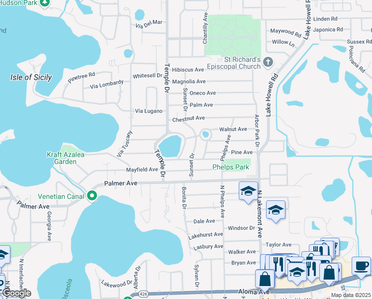 map of restaurants, bars, coffee shops, grocery stores, and more near 1350 Lake Knowles Circle in Winter Park