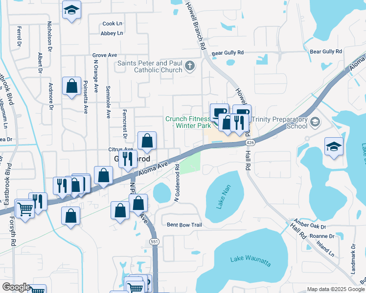 map of restaurants, bars, coffee shops, grocery stores, and more near 7458 Aloma Avenue in Winter Park