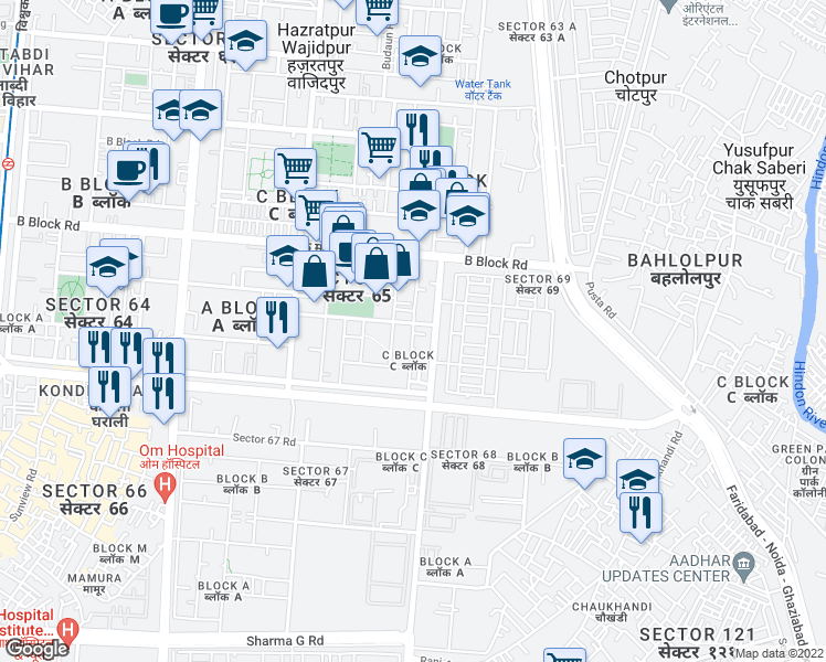 map of restaurants, bars, coffee shops, grocery stores, and more near Pusta Rd in New Okhla Industrial Development Area