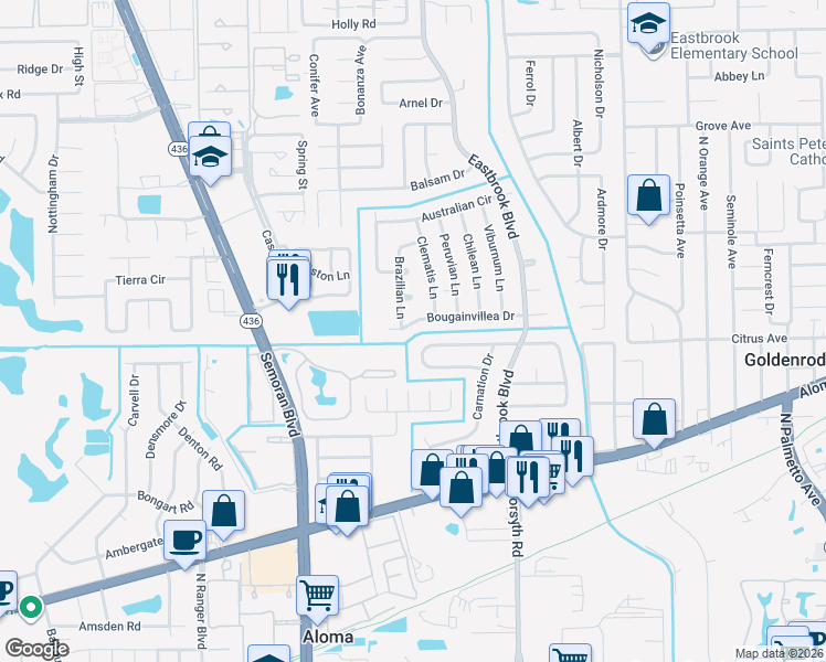 map of restaurants, bars, coffee shops, grocery stores, and more near 3362 Bougainvillea Drive in Winter Park