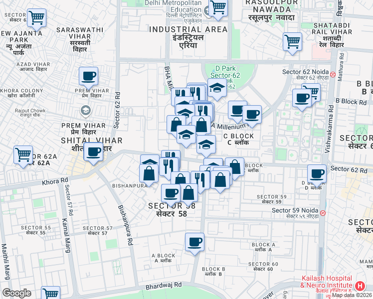 map of restaurants, bars, coffee shops, grocery stores, and more near in Noida