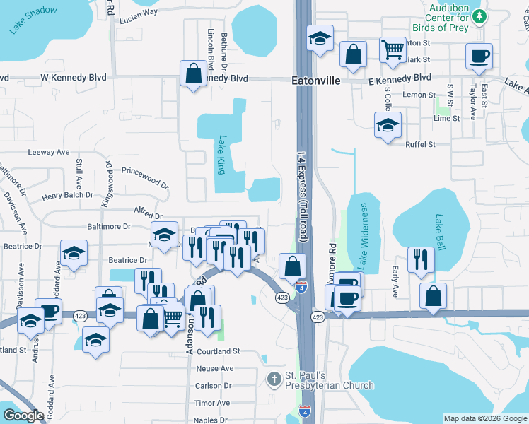 map of restaurants, bars, coffee shops, grocery stores, and more near 5420 Diplomat Circle in Orlando