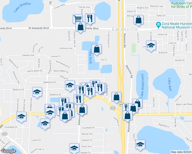 map of restaurants, bars, coffee shops, grocery stores, and more near 724 Alfred Drive in Orlando