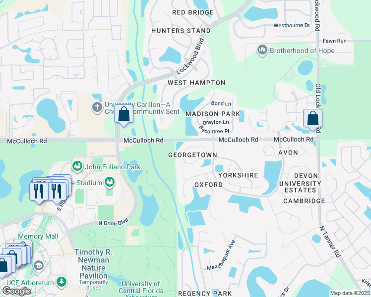 map of restaurants, bars, coffee shops, grocery stores, and more near 14365 Stamford Circle in Orlando