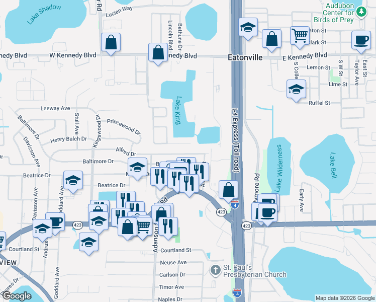 map of restaurants, bars, coffee shops, grocery stores, and more near 724 Alfred Drive in Orlando