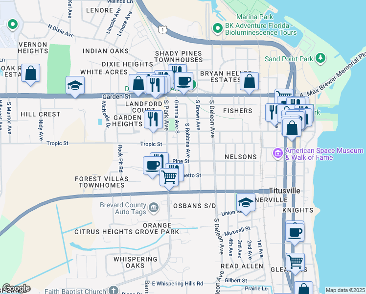 map of restaurants, bars, coffee shops, grocery stores, and more near 455 Grannis Avenue South in Titusville