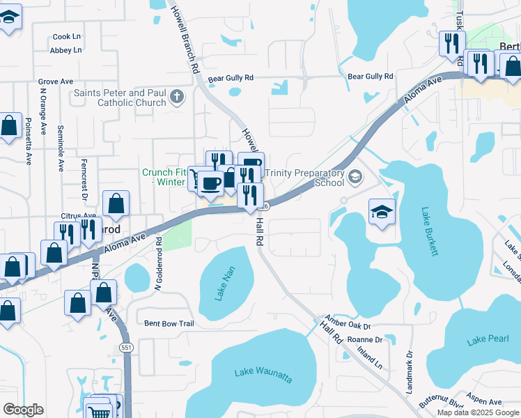 map of restaurants, bars, coffee shops, grocery stores, and more near 4980 Hall Road in Orlando