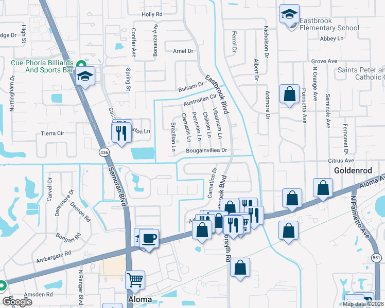 map of restaurants, bars, coffee shops, grocery stores, and more near 3475 Seagrape Drive in Winter Park