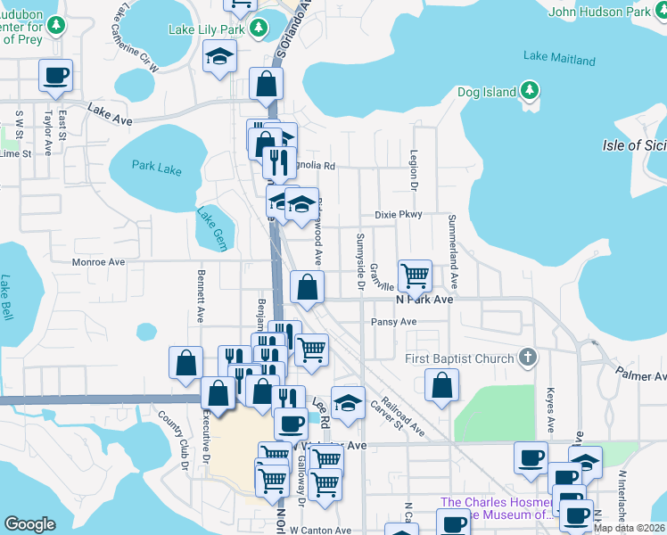 map of restaurants, bars, coffee shops, grocery stores, and more near 1346 Ridgewood Avenue in Winter Park
