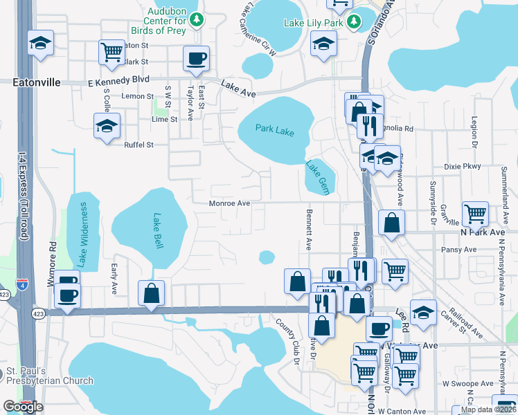map of restaurants, bars, coffee shops, grocery stores, and more near 127 Oak Grove Road in Winter Park