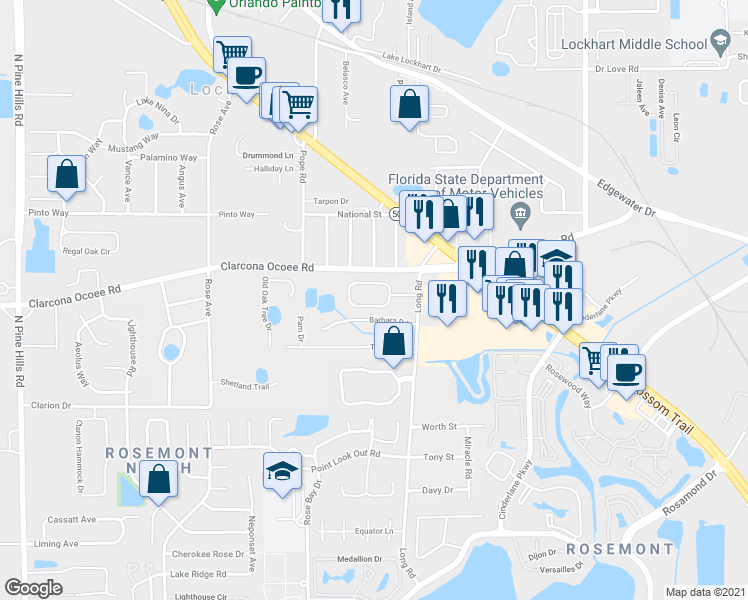 map of restaurants, bars, coffee shops, grocery stores, and more near 4471 Barbara Road in Orlando