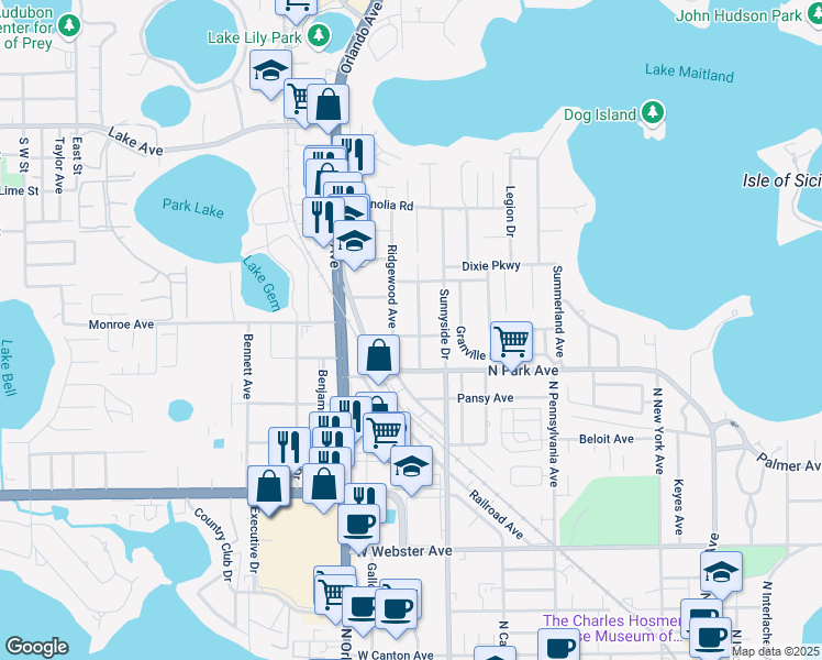 map of restaurants, bars, coffee shops, grocery stores, and more near 1346 Ridgewood Avenue in Winter Park