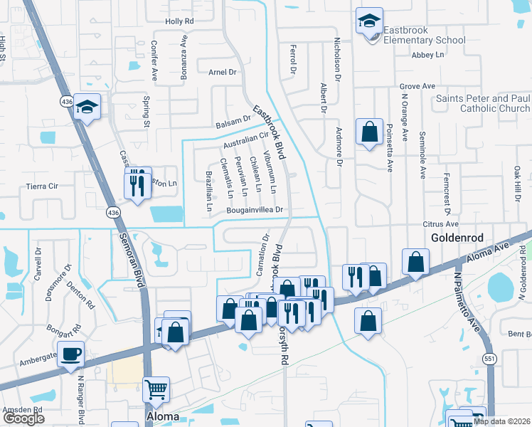 map of restaurants, bars, coffee shops, grocery stores, and more near 3505 Seagrape Drive in Winter Park