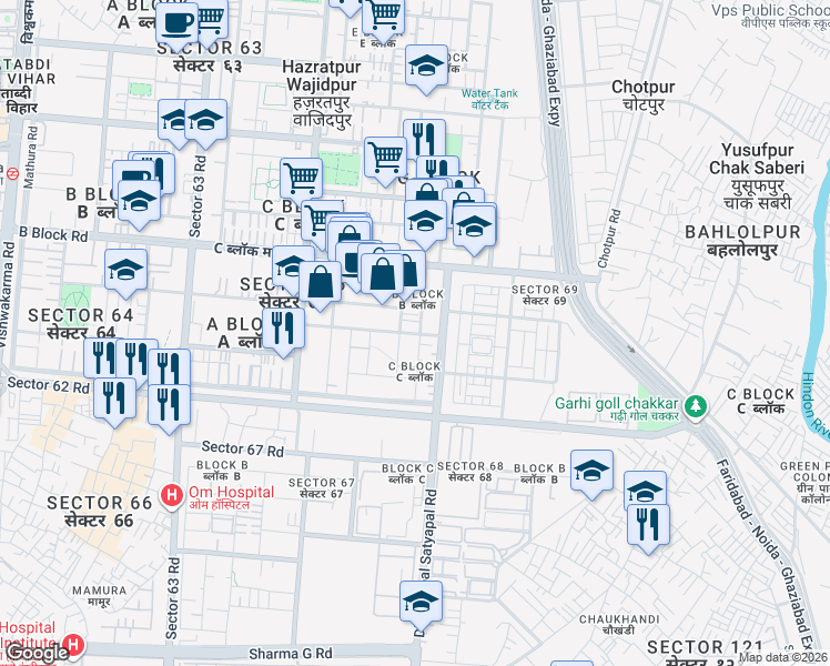 map of restaurants, bars, coffee shops, grocery stores, and more near Pusta Rd in New Okhla Industrial Development Area