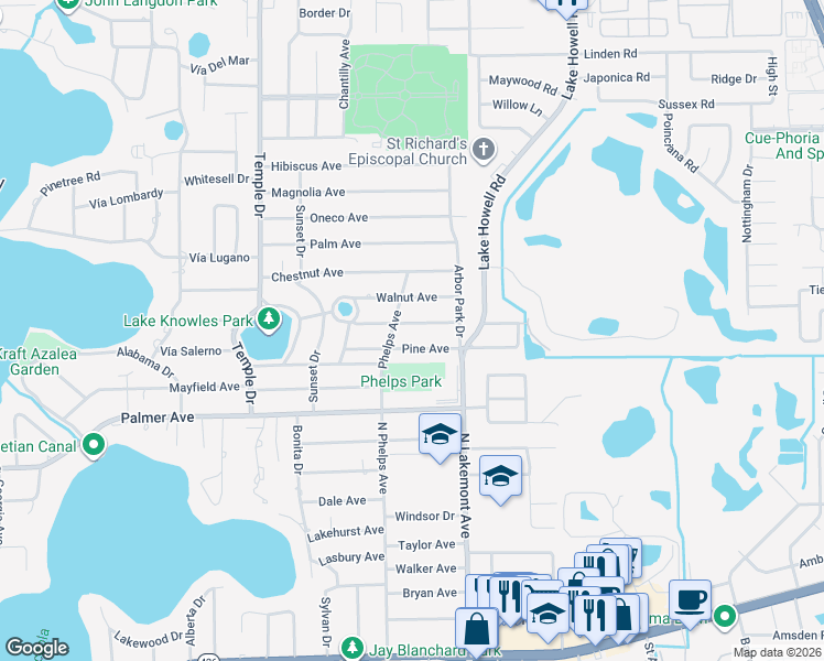 map of restaurants, bars, coffee shops, grocery stores, and more near 1732 Pine Avenue in Winter Park