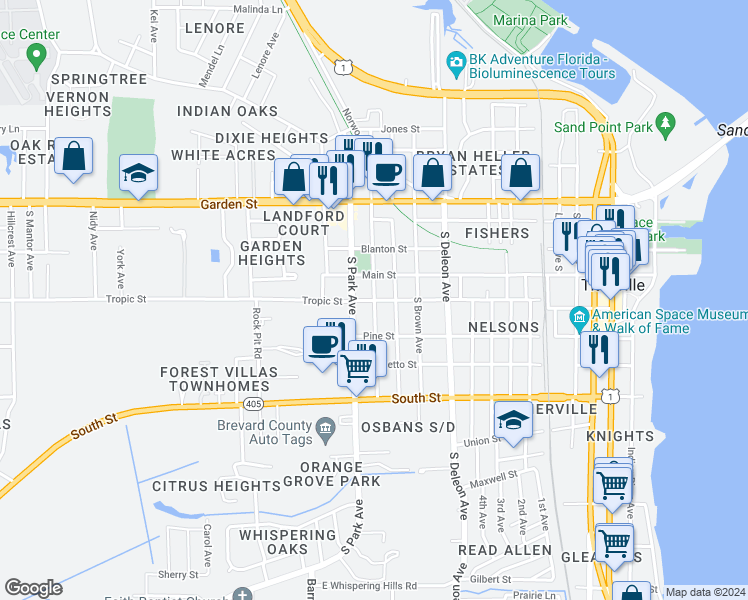 map of restaurants, bars, coffee shops, grocery stores, and more near 1298 Tropic Street in Titusville