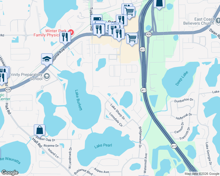 map of restaurants, bars, coffee shops, grocery stores, and more near 9235 Lake Sharp Court in Orlando