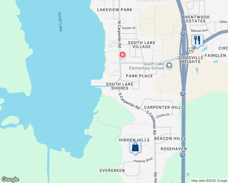 map of restaurants, bars, coffee shops, grocery stores, and more near 350 South Carpenter Road in Titusville
