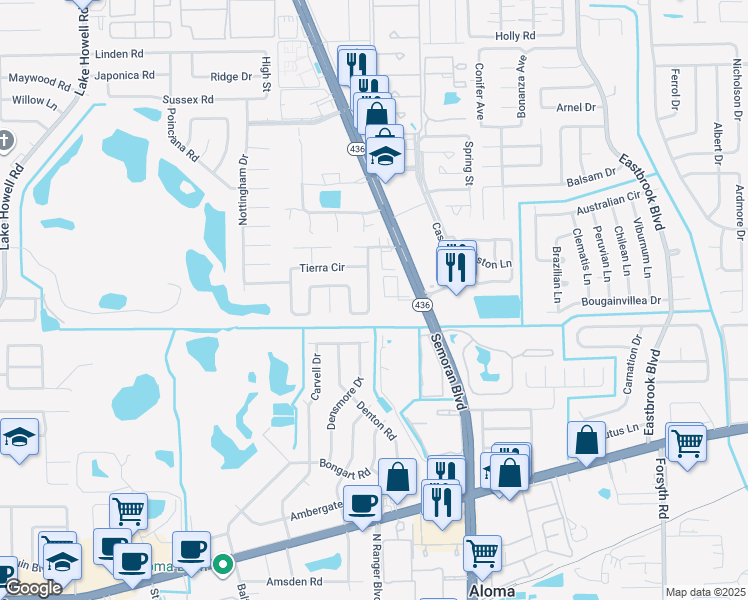 map of restaurants, bars, coffee shops, grocery stores, and more near 1407 Tierra Circle in Winter Park