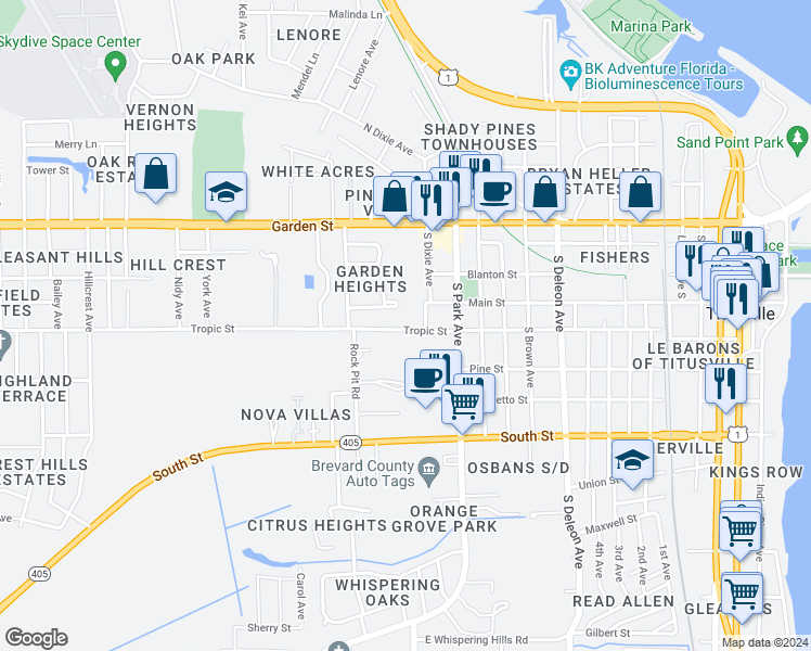 map of restaurants, bars, coffee shops, grocery stores, and more near 1616 Tropic Street in Titusville
