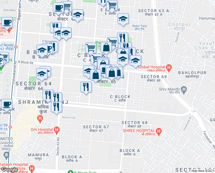 map of restaurants, bars, coffee shops, grocery stores, and more near in Noida