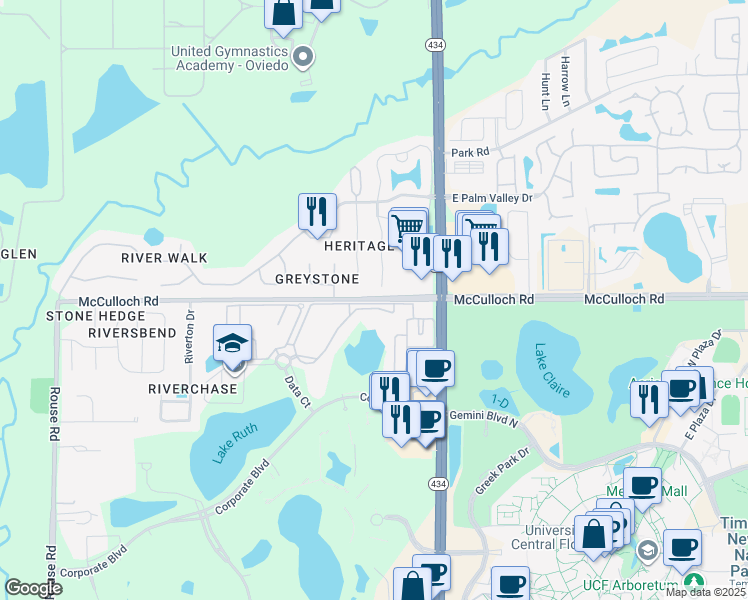 map of restaurants, bars, coffee shops, grocery stores, and more near 11648 McCulloch Road in Orlando