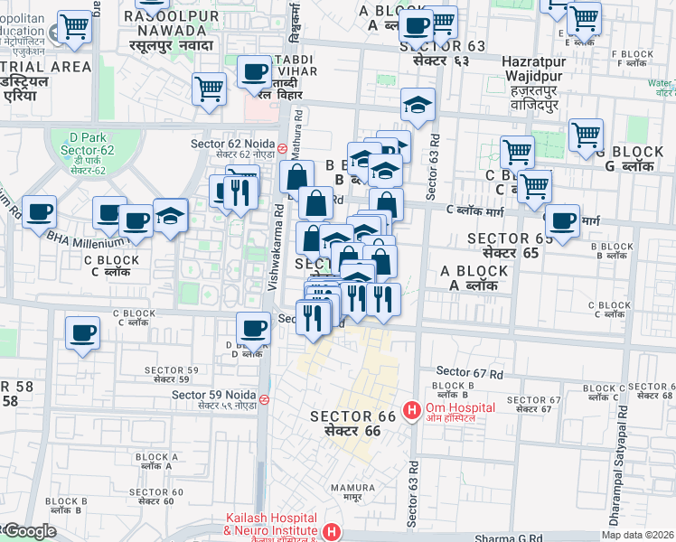 map of restaurants, bars, coffee shops, grocery stores, and more near in Noida