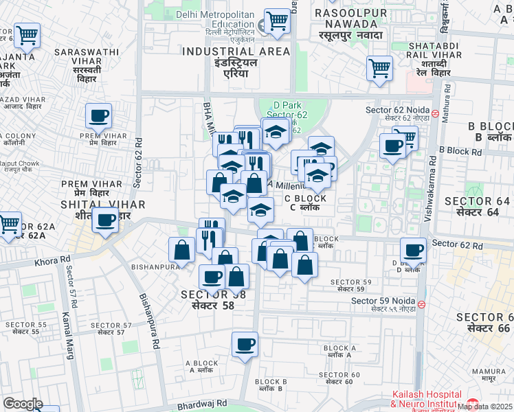map of restaurants, bars, coffee shops, grocery stores, and more near in Noida