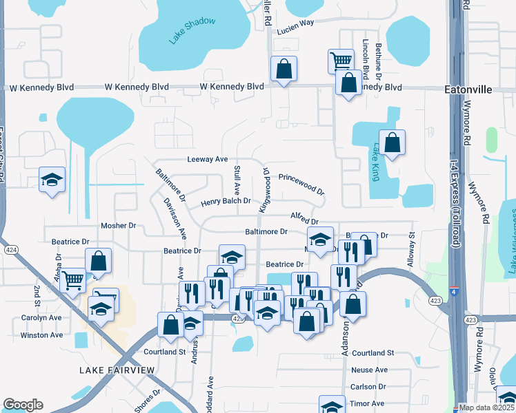 map of restaurants, bars, coffee shops, grocery stores, and more near 1232 Henry Balch Drive in Orlando