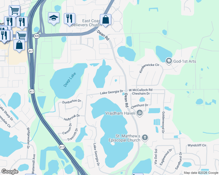 map of restaurants, bars, coffee shops, grocery stores, and more near 5938 Sheryl Anita Street in Oviedo