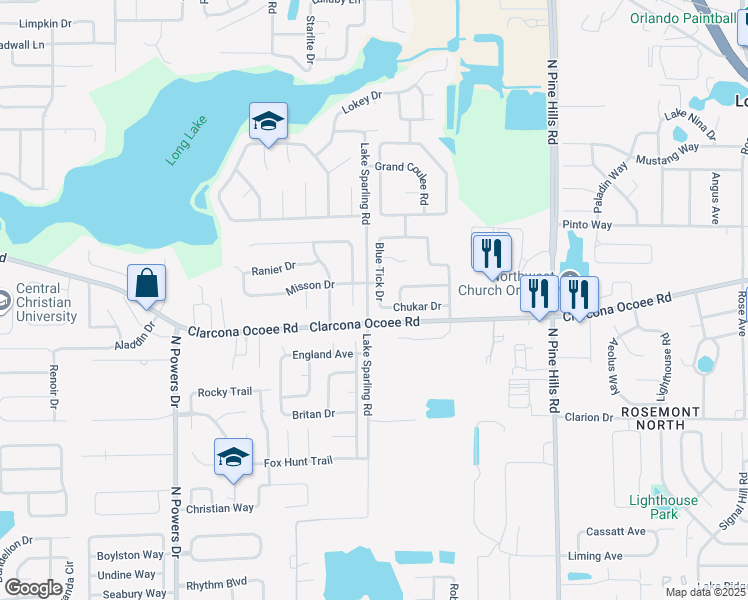 map of restaurants, bars, coffee shops, grocery stores, and more near 5408 Blue Tick Drive in Orlando