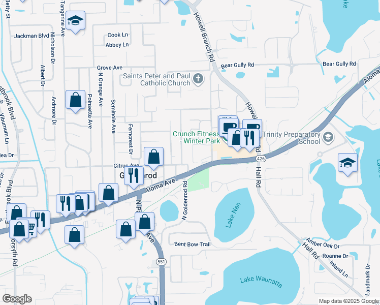 map of restaurants, bars, coffee shops, grocery stores, and more near 5033 Oak Hill Drive in Winter Park