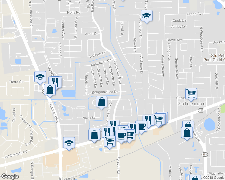 map of restaurants, bars, coffee shops, grocery stores, and more near 1305 Viburnum Lane in Winter Park