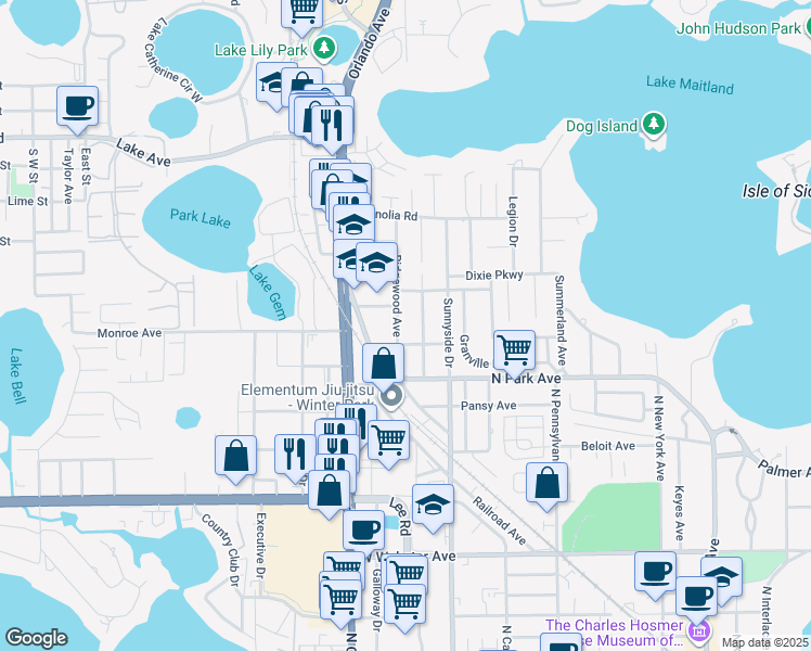 map of restaurants, bars, coffee shops, grocery stores, and more near 1732 Ridgewood Avenue in Maitland
