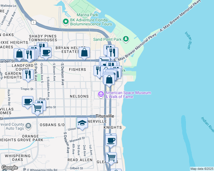 map of restaurants, bars, coffee shops, grocery stores, and more near 315 South Hopkins Avenue in Titusville
