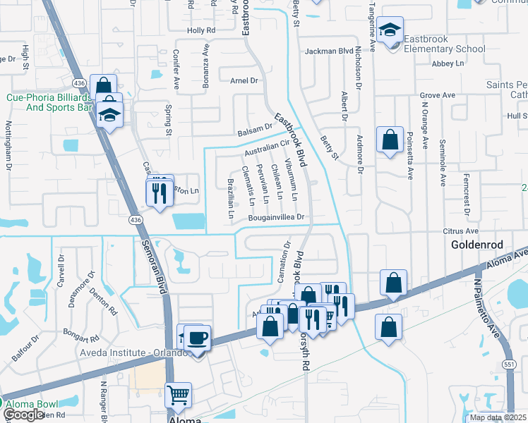 map of restaurants, bars, coffee shops, grocery stores, and more near 1373 Peruvian Lane in Winter Park