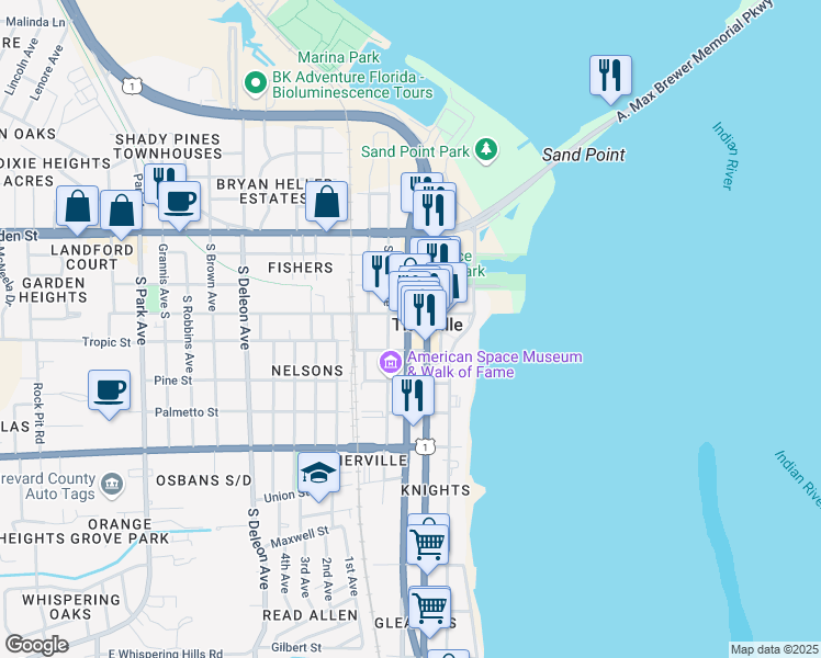 map of restaurants, bars, coffee shops, grocery stores, and more near 315 Route 1 in Titusville
