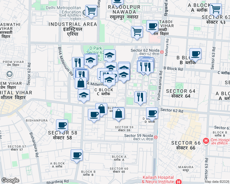 map of restaurants, bars, coffee shops, grocery stores, and more near in Noida