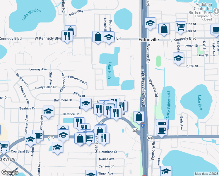 map of restaurants, bars, coffee shops, grocery stores, and more near 303 Greensend Street in Eatonville
