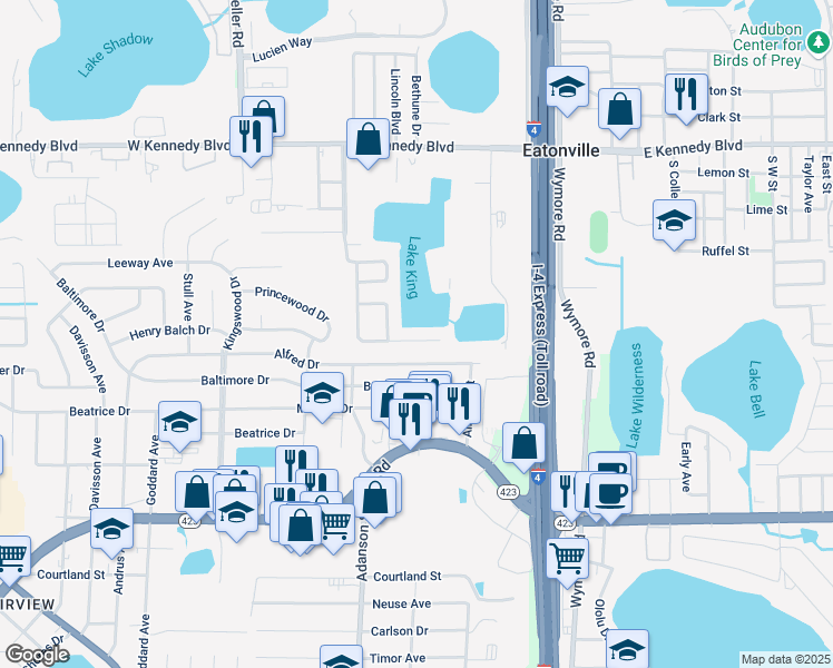 map of restaurants, bars, coffee shops, grocery stores, and more near 303 Greens End Street in Orlando
