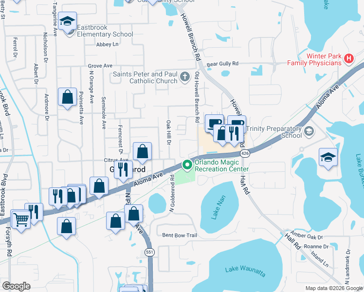 map of restaurants, bars, coffee shops, grocery stores, and more near 7612 Aloma Pines Court in Winter Park