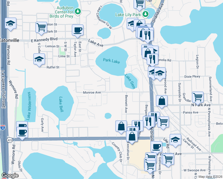 map of restaurants, bars, coffee shops, grocery stores, and more near 1632 Gulfview Drive in Maitland