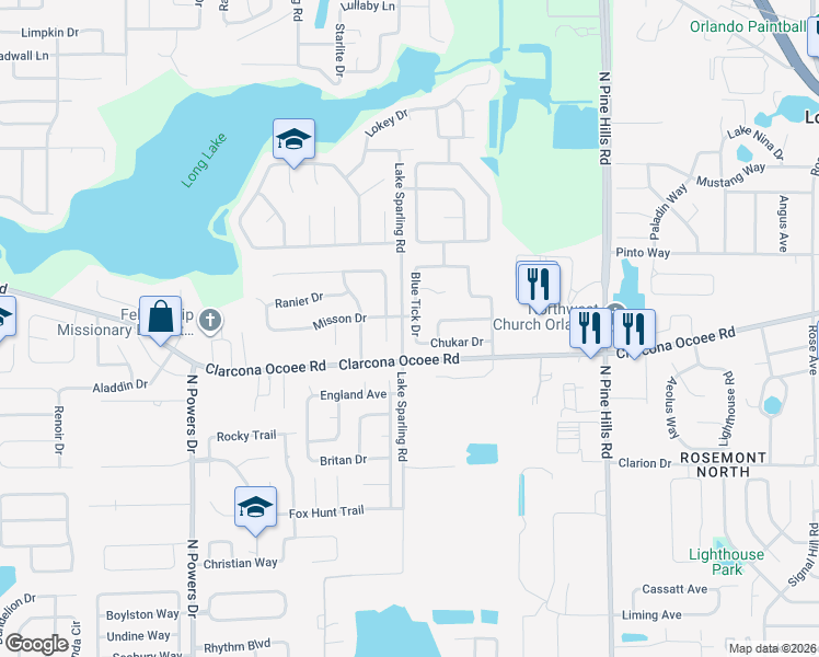 map of restaurants, bars, coffee shops, grocery stores, and more near 5427 Blue Tick Drive in Orlando