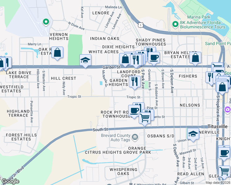 map of restaurants, bars, coffee shops, grocery stores, and more near 1716 South Eden Circle in Titusville